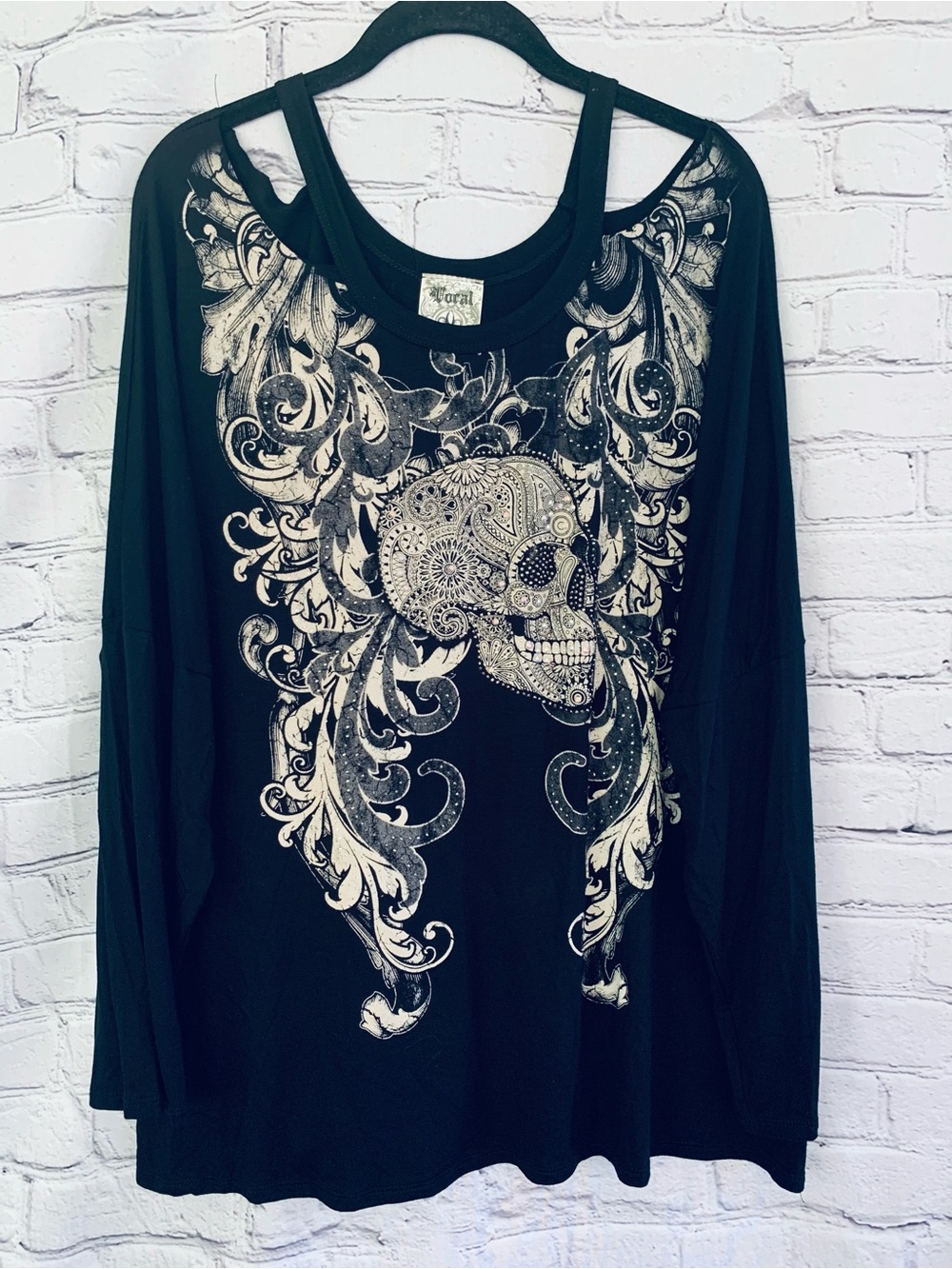 Vocal Long Sleeve Skull Embellished Black Cut Out Shoulder Tee Shirt
